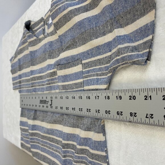 Linen Lux Women Blue Striped Short Sleeve Top Blouse Size XS Pocket Boxy Keyhole - Picture 8 of 9